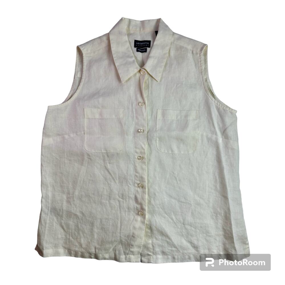 Liz Claiborne Lizsport Women's Large 100% Irish Linen Sleveless Button Up Blouse
